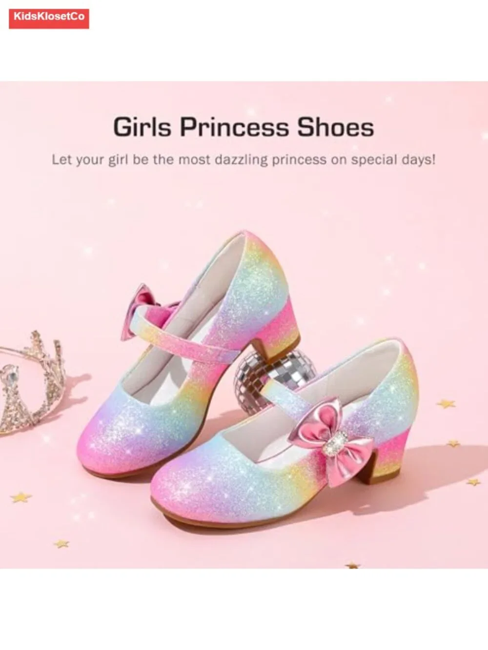 Girls Mary Jane Heels with Bow Sparkly Dress Shoes for Wedding Party